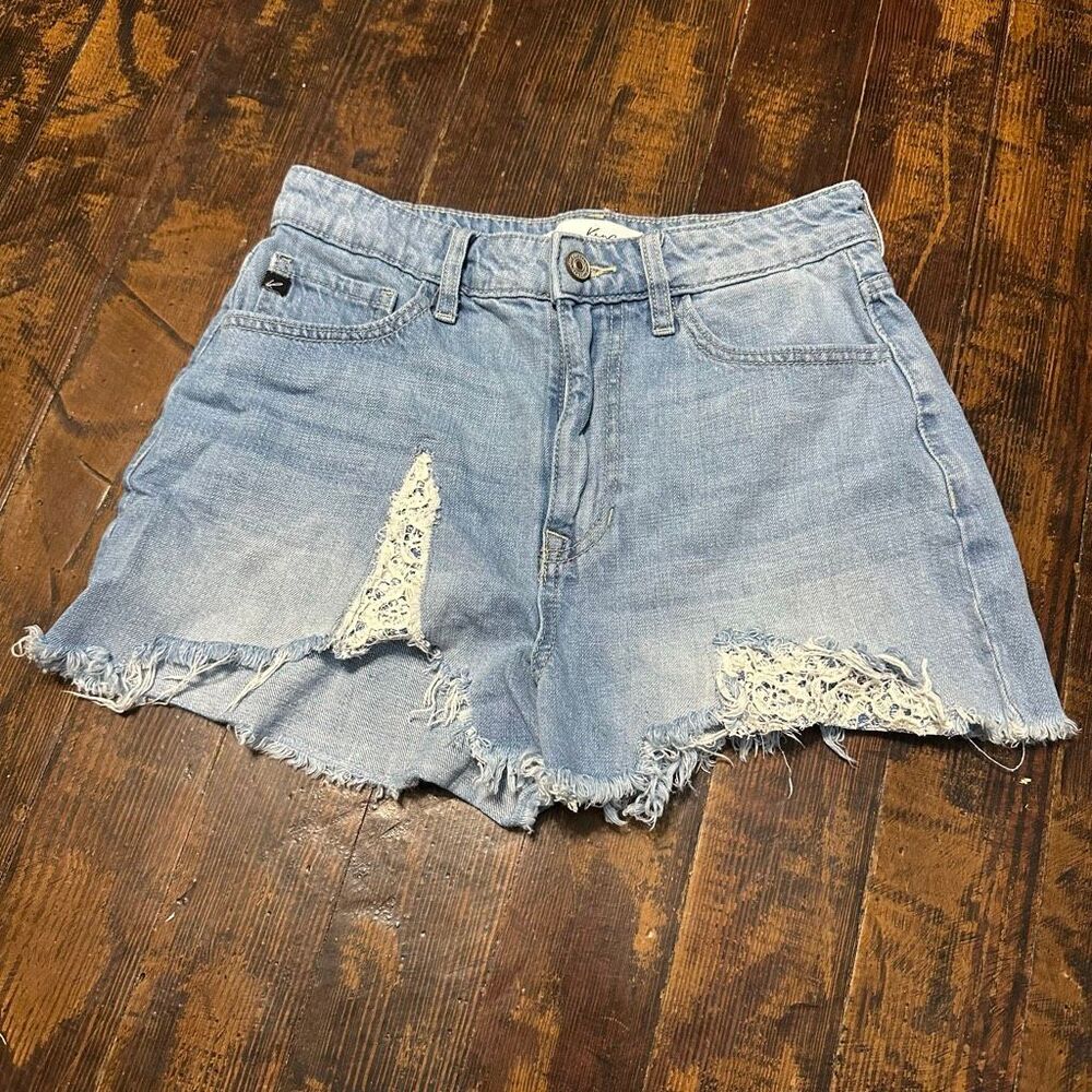 Kancan boho coastal cowgirl lace trimmed 26 cutoff denim shorts